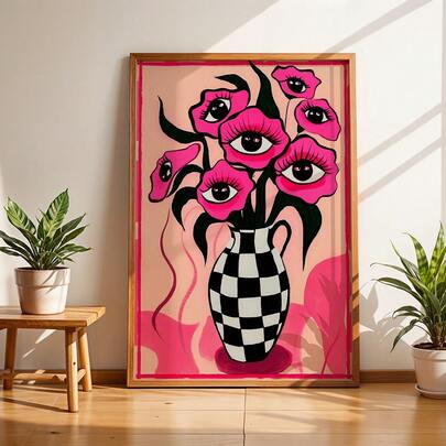 2D平面装饰画，以复古海报为特色，海报上描绘了一只超现实的粉色眼睛和花卉图案，搭配别致简约的粉色格子花瓶帆布画，非常适合提升卧室和客厅的装饰格调。