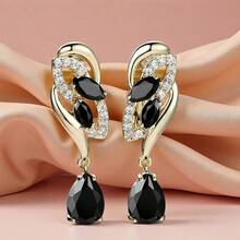 1对浪漫水晶流苏耳环，水滴形立方氧化锆耳钉，粉色生日石派对耳环，女士珠宝礼物 - 金色 - 查看 14