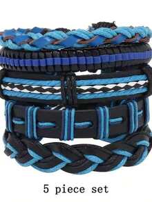 5条男士休闲蓝色编织PU皮手链，适合日常佩戴和聚会场合 - 藍色 - 查看 3