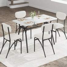 Mesa de comedor Conjunto para 4, Mesa de cocina con sillas de bucle para 4, Mesa de comedor rectangular moderna con estante de almacenamiento para espacio pequeño - blanco roto y mármol - Ver 7