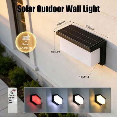 CANMEIJIA Đèn tường năng lượng mặt trời hiện đại, điều khiển từ xa, chống thấm nước ngoài trời, đèn LED gắn tường, tấm pin năng lượng mặt trời, sử dụng năng lượng mặt trời, 4 chế độ màu có thể chuyển đổi (Trắng/Trung tính/Ấm/Đỏ), chống thấm nước IP65, tự động sạc vào ban ngày, tự động chiếu sáng vào ban đêm, thích hợp cho vườn, công viên, biệt thự, ban công, sân hiên.