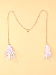 1pc Metal Chain Face Jewelry With White Feather Tassel, Party Accessory - Gold - View 2