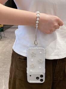 Luxury Rhinestone Flower Pearl Butterfly Shell Pattern Phone Case + Rhinestone Chain Strap, Suitable For IPhone 17 Pro Max/16/15/14/13/12/11, Pearl Rhinestone Phone Lanyard - Multicolor - View 5