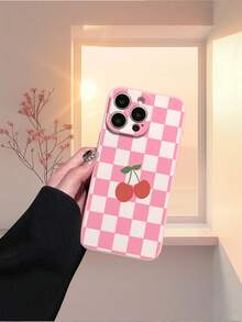 1pc Minimalist Plaid Cherry Pattern Shockproof Protective Phone Case, Compatible With IPhone/ Galaxy/HONOR, Fashionable And Stylish Choice - Pink - View 6