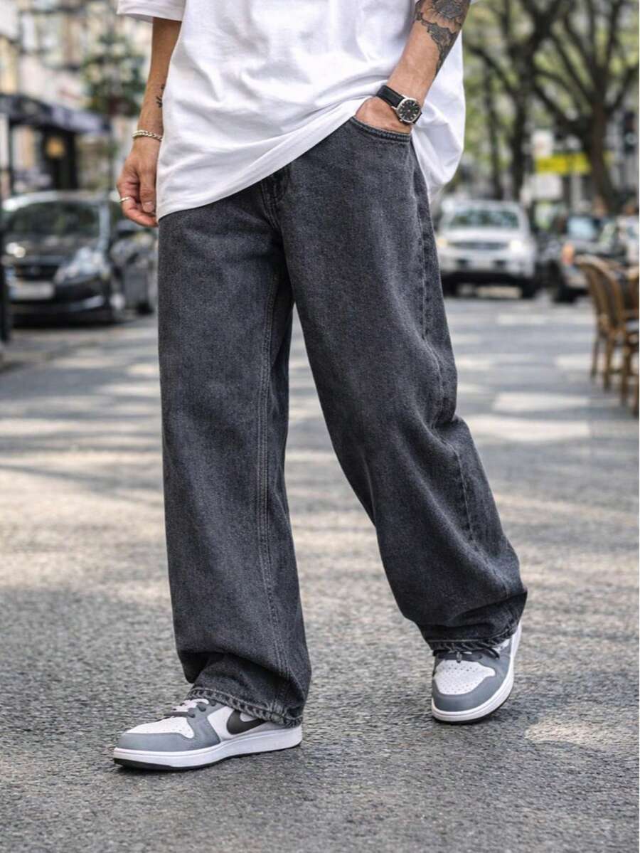 Baggy Jeans, Wide-Leg Balloon Pants, Straight Cut, Carpenter Style, Unisex - Xám - Xem 1