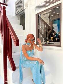 Vestido de cóctel elegante y brillante para fiesta, boda de primavera, con decoración de estrella de mar sin tirantes de metal para mujer - Azul - Ver 8