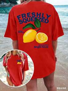 FRESHLY SQUEEZED Casual Lemon Vacation Atmosphere Graphic Oversized Round Neck Short Sleeve-Shirt WomenUnisex Casual-Shirts - 紅色 - 查看 3