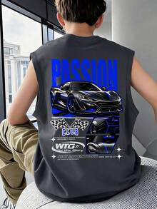 Áo tank top không tay kiểu racerback dành cho nam thiếu niên, in hình siêu xe và họa tiết đồ họa, dáng rộng, phong cách đường phố thường ngày cho mùa hè trở lại trường học. - Màu xám đen - Xem 7