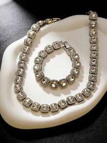 2pcs Hip-Hop Jewelry Set, Fully Iced-Out Cuban Link Necklace And Bracelet, Suitable Gift For Men And Women - Sugar Cube Chain 2-piece Set - View 5