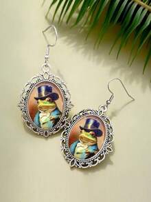 Vintage Gentleman Frog Drop Earrings - Oval Hollow Silver With Hat And Blue Suit - Imaginative Victorian Lady Jewelry - Silver - View 4