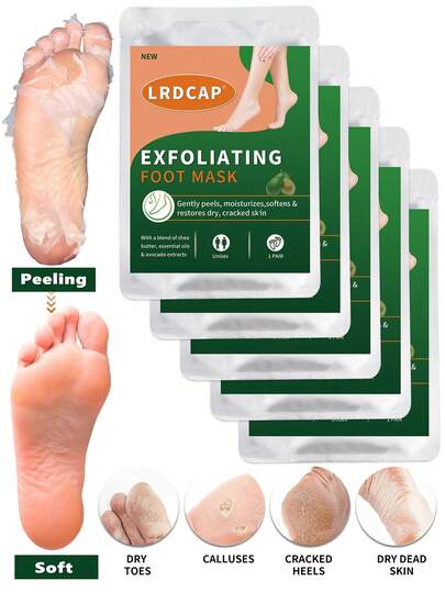 Exfoliating Foot Mask 5 Packs - Foot Peeling Mask , Moisturizing & Nourishing With Lactic Acid, Urea & Malic Acid, Softens Rough Light Beige & Smooth Feet - Essence Socks,Pedicure Product, Nourishing,Foot Care Essentials, Pedicure Accessory, Moisturizing Foot Mask, Foot Mask For Dead Skin Removal, Foot Mask For Dead Skin, Foot Mask, Foot Care Product