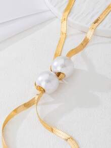 1pc Y-Shaped Long Necklace, Minimalist Pearl Tassel Design, Elegant & Versatile Long Necklace For Women - Yellow Gold - View 4
