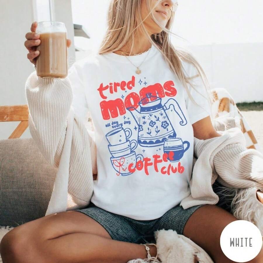 Women's T-Shirt Tired Moms Coffee Club Printed Tee Shirt For Woman, Casual Tops, Lightweight Breathable Round Neck Women Tops, Short Sleeve Tees For Summer - 白色 - 查看 1