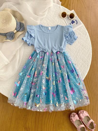 Girls Sweet Floral Mesh Cap Sleeve A-Line Dress, Summer
