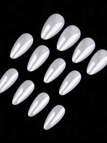 24pcs Vintage Street-Style Minimalist Elegant Daily Classic Pure White Aurora Almond Shaped Nail Stickers Set, Instantly Elevate Your Look, Suitable For Minimalist Girls And Ladies For Everyday Use And Shopping Nails Nail Supplies - 白色 - 查看 8