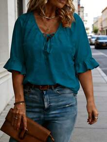 Plus Size Women Solid Color Knotted Casual Versatile Daily Wear Top Summer - Peacock Blue - View 5