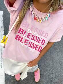 Camiseta de manga corta con cuello redondo y estampado de letras "Always", elegante y casual para el verano, versátil para el uso diario y el transporte - Rosa - Ver 4