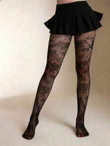 1 Pair High Waist Fishnet Tights With Floral Jacquard Sexy Net Stockings Daily Wear - Multicolor - View 2