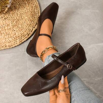 新款方头玛丽珍平底鞋，经典单带搭扣，舒适软底（黑/棕），纯色学院风办公鞋，春夏秋季皆宜