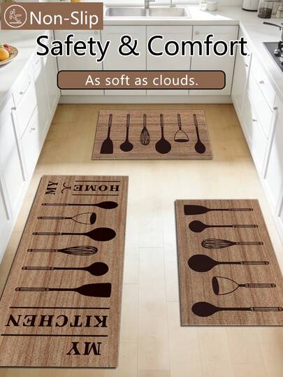 1 pieza Tapete de cocina con patrón de utensilios de cocina y vajilla, creativo rectángular de fibra de poliéster antideslizante y duradero para interiores, tapete de cocina, alfombra exterior para decoración de sala, dormitorio y cocina