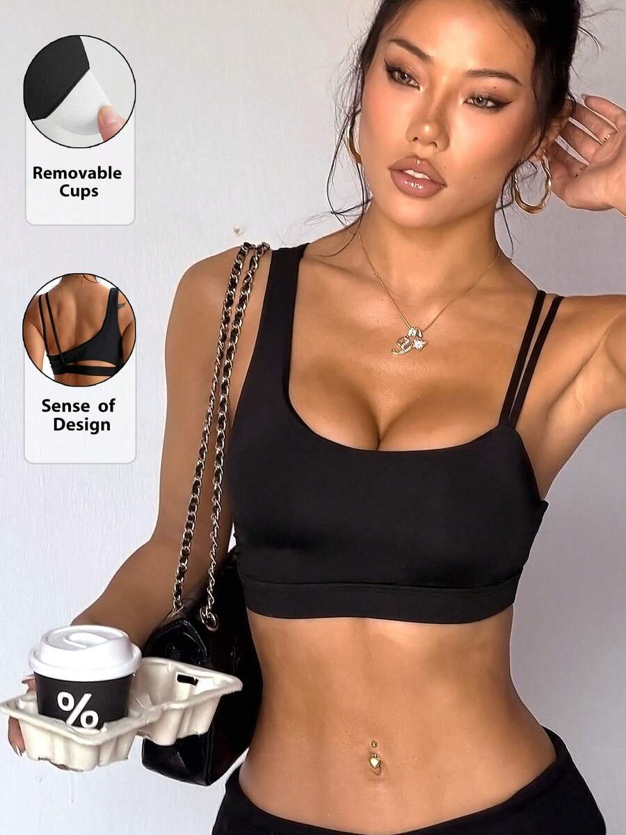 Women's Solid Color Removable Padded Shoulder Cutout Crew Neck Knit Sports Bra - Black - View 1