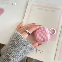 Minimalist Pink Striped Earphone Case With Hanging Loop, Compatible With Apple Pro 3/Pro 2/Pro/ 4/3/2, Fashionable Women Earphone Case, Minimalist Earphone Case, Apple Earphone Case, Apple Earphone Cover - Hồng - Xem 4