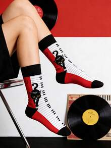 1 Pair Unisex Piano Cat Red Socks, Fashion Versatile Mid-Calf Socks, Suitable For All Seasons - Red - View 8
