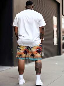 Plus Size Men's Casual Sports Set - "Beach Style Sunset Palm Tree" Pattern Design, Polyester Knit Fabric, Round Neck, Drawstring Shorts, Pockets, Regular Fit, Suitable For Plus Size - Multicolor - View 2