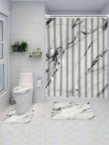 Marble Pattern Shower Curtain Set With 12 Hooks, Water-Resistant Polyester Knit Fabric, Wipe Clean, Includes U-Shaped Toilet Mat, Lid Cover, And Rug - Modern Bathroom Decor - A - View 17