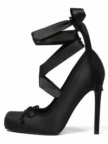 Women's Satin Ballerina Stiletto Heels Closed Square Toe Lace Up High Heel Strappy Mary Janes Elegant Party Shoes With Removable Ribbons - màu đen - Xem 6