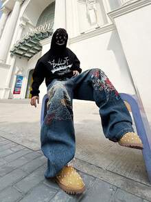 1 buah Celana Jeans Longgar Nyaman Model Lebar Motif Digital Biru Gaya Jalanan Amerika, Celana Denim Serbaguna untuk Semua Musim untuk Pria (Produk Tidak Termasuk Sabuk dan Aksesoris) - Biru - View 2