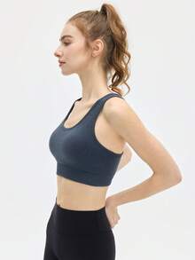 Leorrey 1pc Women's Fashion Round Neck Backless Cropped Ribbed Elastic Hem Cute & Sexy Soft Comfortable Sports Bra - Grey - View 2