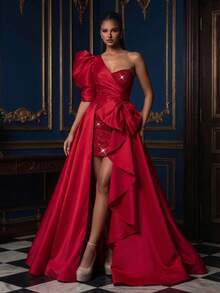 Women's Luxury Red Formal Dress, Asymmetric Neckline, Ruffle Short Sleeves, Flared Hem, Draped And Zipper Details Wedding Party Spring - Red - View 5