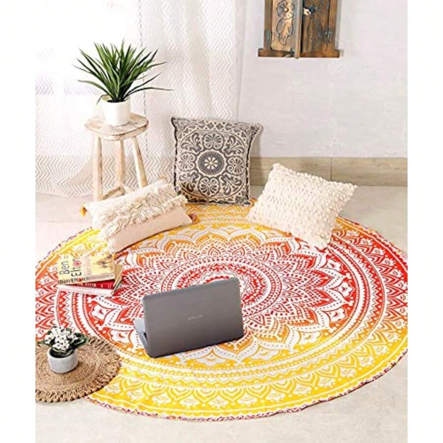 Orange Round Beach Tapestry Hippie/Boho Beach Blanket Mandala/Indian Cotton Throw - Round Tablecloth/Home Decor/ Rug Yoga Mat Meditation Picnic Rugs 178 CM/ 70 INCHE Circle - A - Ver 1