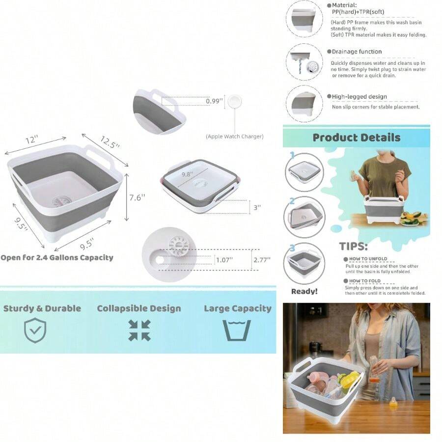 Collapsible Wash Basin With Drain Plug - 2.4 Gallon Foldable Kitchen Sink For Baby Bottles, RV Camping, Space-Saving Dish Tub (Gray) - Xám - Xem 1