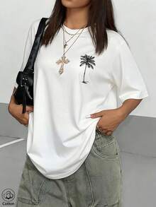 Beach Coconut Tree Print Women's Round Neck Loose T-Shirt, Summer Vacation Travel Beach, Casual Sports Elegant - White - View 3