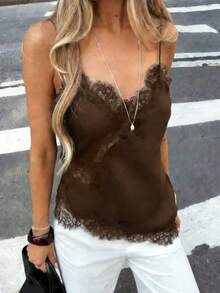 Women's Semi-Sheer Woven Camisole, Contrast Lace Trim, Asymmetric Hem Regular Length Camisole, Bohemian Style Spaghetti Strap - Brown - View 1