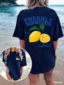 FRESHLY SQUEEZED Casual Lemon Vacation Atmosphere Graphic Oversized Round Neck Short Sleeve-Shirt WomenUnisex Casual-Shirts - 藏青色 - 查看 3