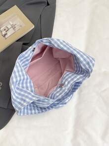 Stylish Casual Contrast Plaid Canvas Tote Bag, Large Capacity Commuter Personalized Lightweight Shoulder Bag - Blue - View 8