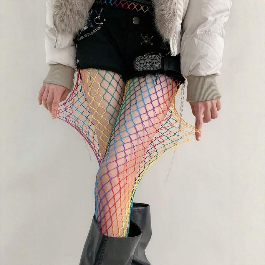 Y2K Rainbow Fishnet Tights - Large Diamond Mesh Rainbow Gradient Fishnets For 2000s Punk Aesthetic - Multicolor - View 1