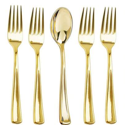 75pcs Gold Reusable Cutlery Set, Includes Forks, Spoons, Cake Forks, Dessert Spoons, Salad Forks And Pasta Forks/Spoons, Suitable For Birthday, Wedding, Party, Family Gathering, Team Building, Outdoor BBQ, Camping, Banquet, School Supplies, Graduation Ceremony, Holiday Party And More Occasions