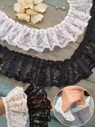 Vải ren thêu hoa trắng đen rộng 6cm, dài 1-10 thước Anh, dùng làm viền trang trí, may vá, đính cổ áo, váy, trang trí cưới, ren Guipure.