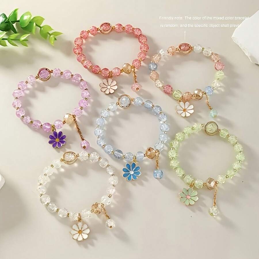 6-Piece Bohemian Lily Glass Bead Bracelet - Flower And Crystal Design, Suitable For Everyday And Party Occasions, All-Season Accessory, Daily Bracelet | Flower Bracelet | Glossy Surface - 6-piece Set - View 1