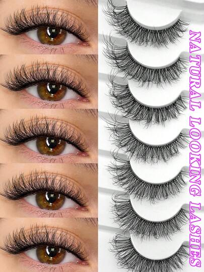 ENCHUW 7 Pairs Lashes Natural Look Wispy Faux Mink Eyelashes 3D Clear Band Lashes Fluffy Curl Cat Eye Fake Eyelashes