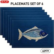 4pcs 2D Flat Fish Pattern Embroidery Style Placemats, Blue Linen Table Mats, Modern Art, Suitable For Kitchen Table Decor, Holiday Decor, Daily Use, Parties, Birthdays, Weddings, Dinner Parties, For Kitchen, Cafe, Restaurant, And Home Decor, 2D Flat - 12x18inch - View 10