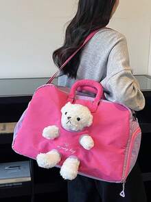 Large Capacity Multi-Functional Cute Plush Bear Decor Travel Bag, Colorblock Design With Built-In Wet & Dry Separation Compartment, Shoe Compartment, Suitable For Short Trips, Weekend Getaways, Gym/Yoga, Student Campus Use - Multicolor - View 2