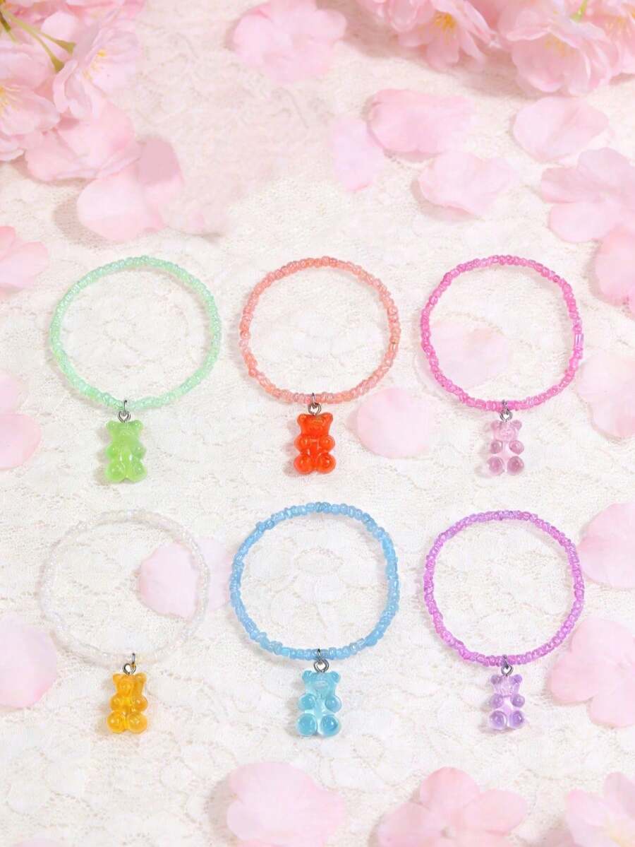6件装树脂果冻熊吊坠手链，波西米亚风串珠可调节友谊手链，适合女孩 - 均碼 - 查看 1
