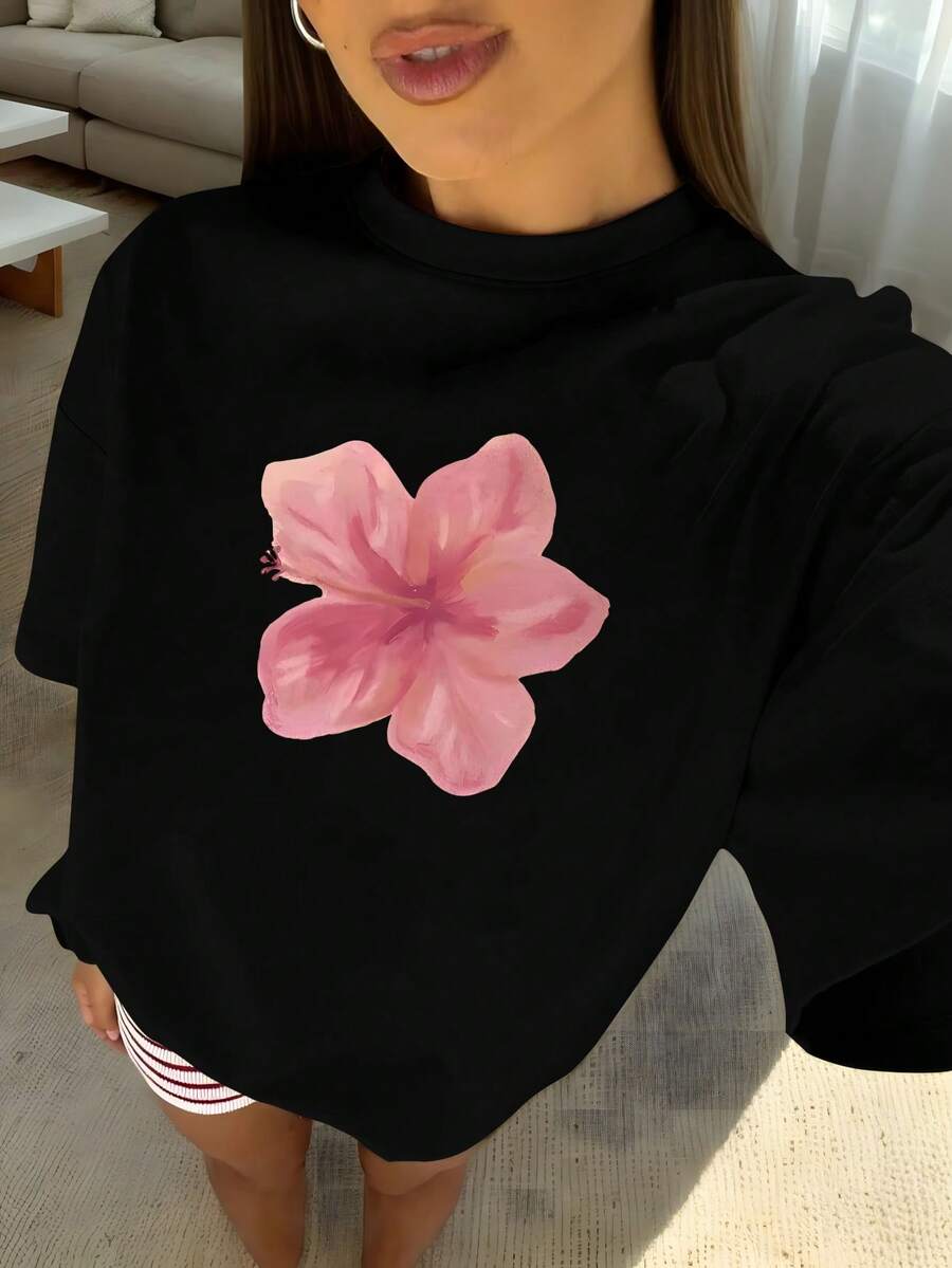 1pcs Plus Size Women's Loose Fit T-Shirt, Printed With Watercolor Pink Hibiscus Flowers, Perfect For Tropical Vacations, Beach Dates, Summer Parties - 黑色 - 查看 1