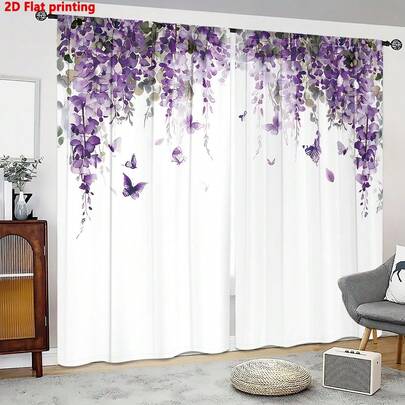 2pcs/Set Spring & Summer Purple Leaf, Flower, Butterfly & Landscape Printed Curtains, Digital Printing Design, Suitable For Living Room, Bedroom, Dining Room Home Decor