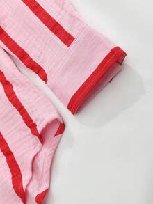 Women's Casual Pink And Red Vertical Striped Button-Up Shirt, Long Sleeve Loose Fit Top, Summer Vacation Outfit, Women's Striped Button-Up Shirt With Color Block Loose Fit, Holiday Shirt - Pink - View 4